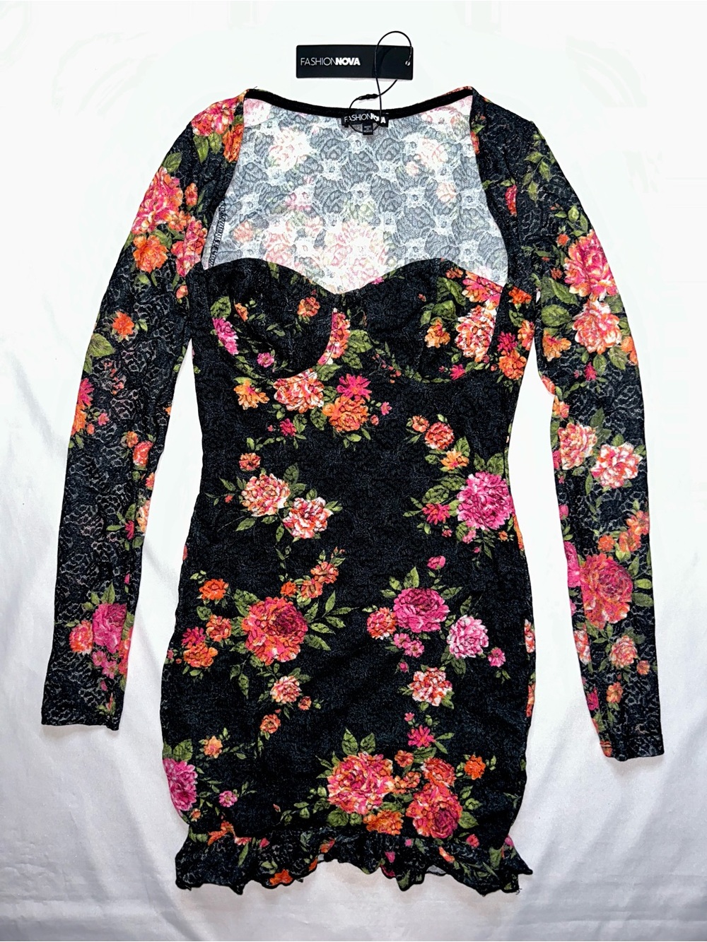 Fashion Nova Cleo Print Lace Mini Dress NWT Floral Bodycon Size Small